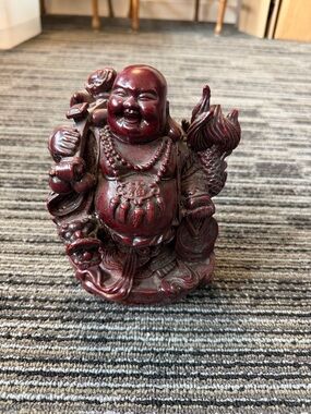 Laughing Buddha Figurine in Deep Red Resin